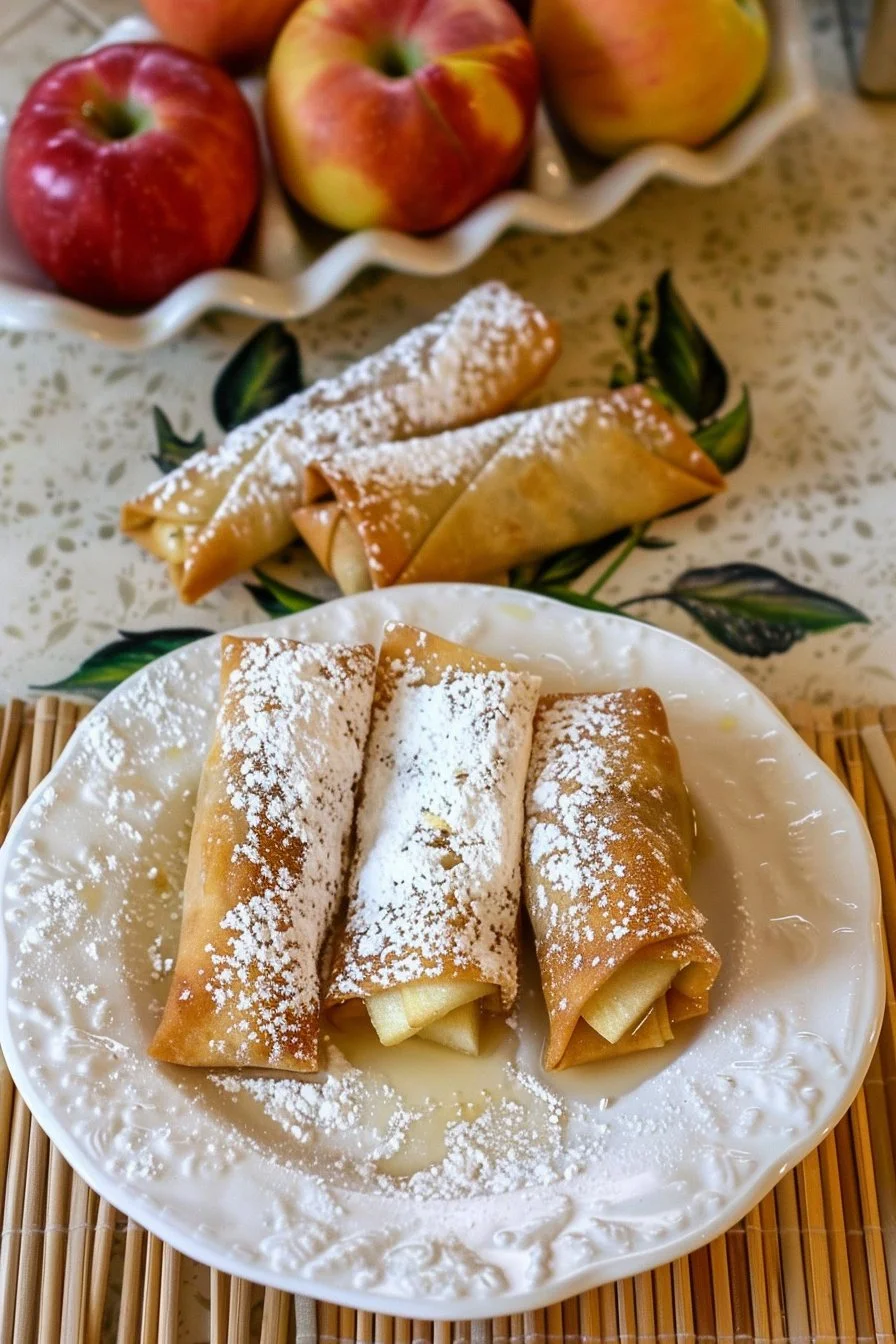 Crispy dessert egg rolls with spiced apple filling on a plate