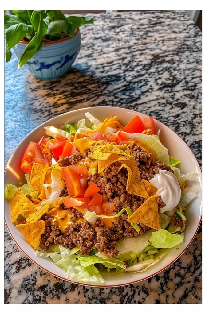 Crispy taco salad topped with Doritos and fresh ingredients