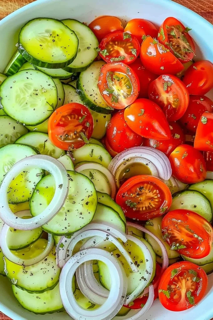 Cucumber, onion, and tomato marinade for enhancing dishes