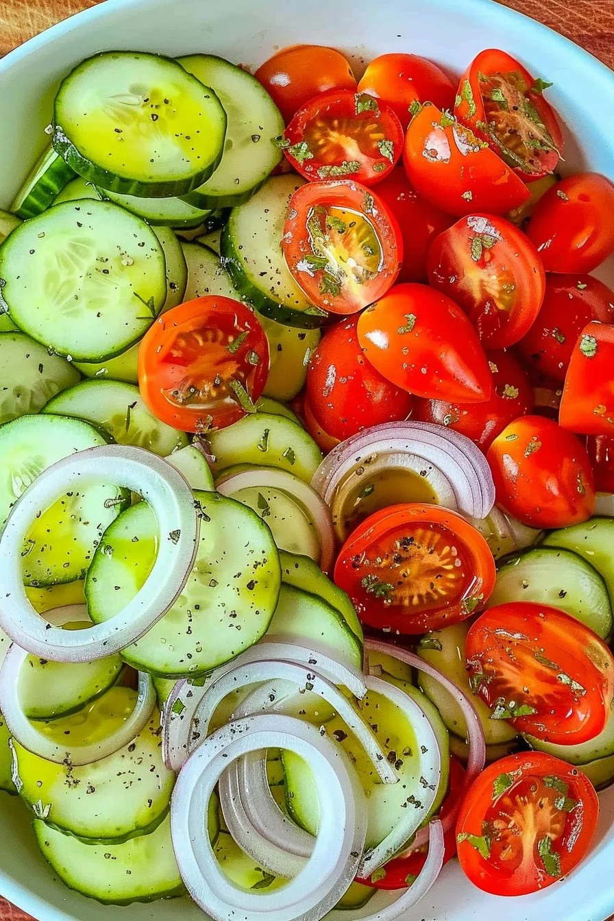 Cucumber, onion, and tomato marinade for enhancing dishes