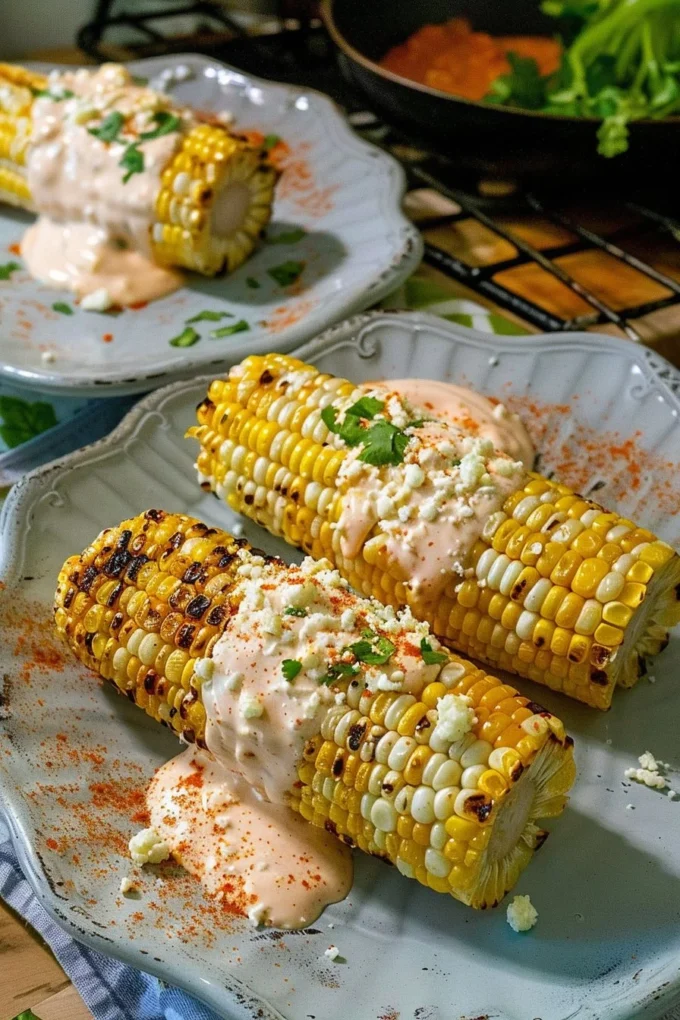 Delicious Mexican street corn topped with cheese and spices