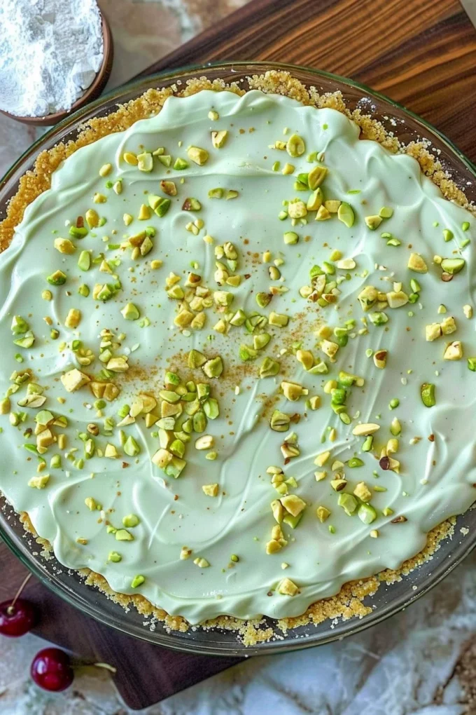 Slice of easy pistachio cream pie with a nutty crust and green filling