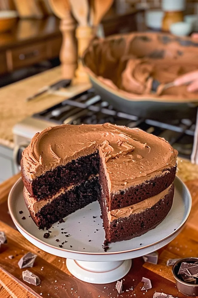 Grandma's delicious homemade chocolate cake topped with creamy frosting.
