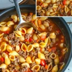 Ground beef stuffed pasta shells served in a baking dish with cheese on top
