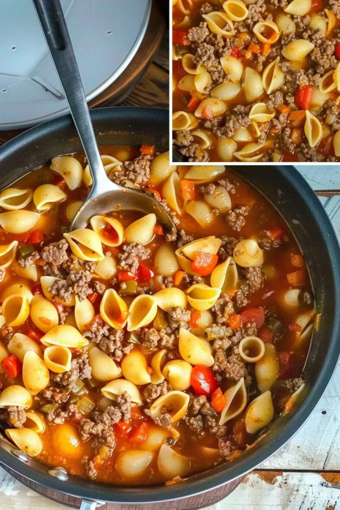 Ground beef stuffed pasta shells served in a baking dish with cheese on top