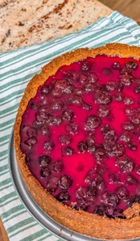Indulgent fresh blueberry cheesecake topped with ripe blueberries