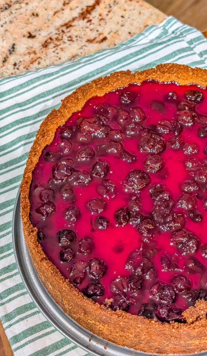 Indulgent fresh blueberry cheesecake topped with ripe blueberries