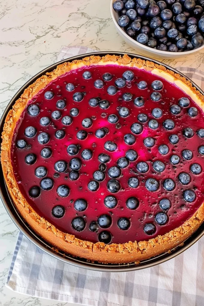 Delicious fresh blueberry cheesecake topped with juicy blueberries