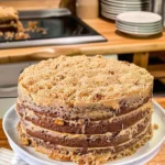 Delicious layered German chocolate cake with chocolate frosting and coconut pecan topping