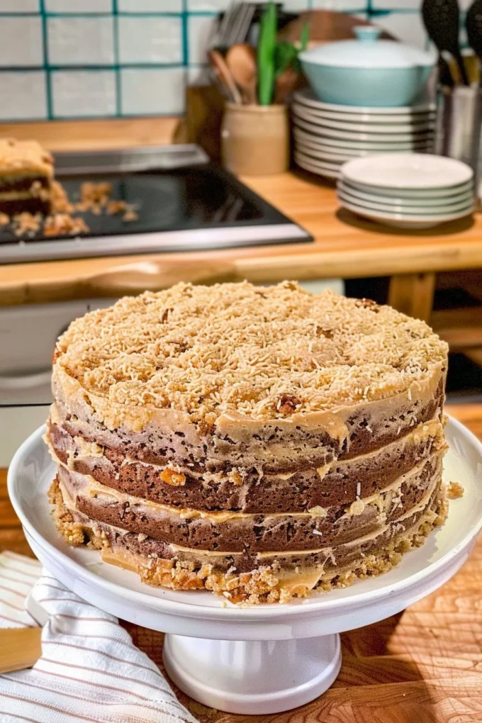 Delicious layered German chocolate cake with chocolate frosting and coconut pecan topping