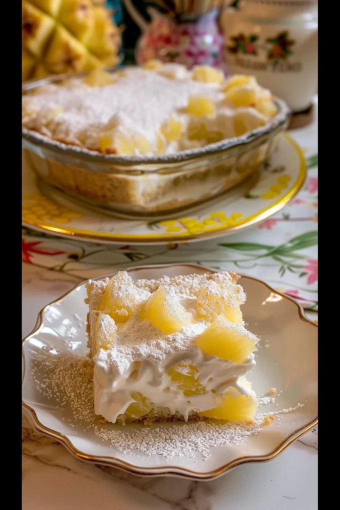 Delicious Pineapple Dream no-bake dessert served in a dish with tropical fruit.