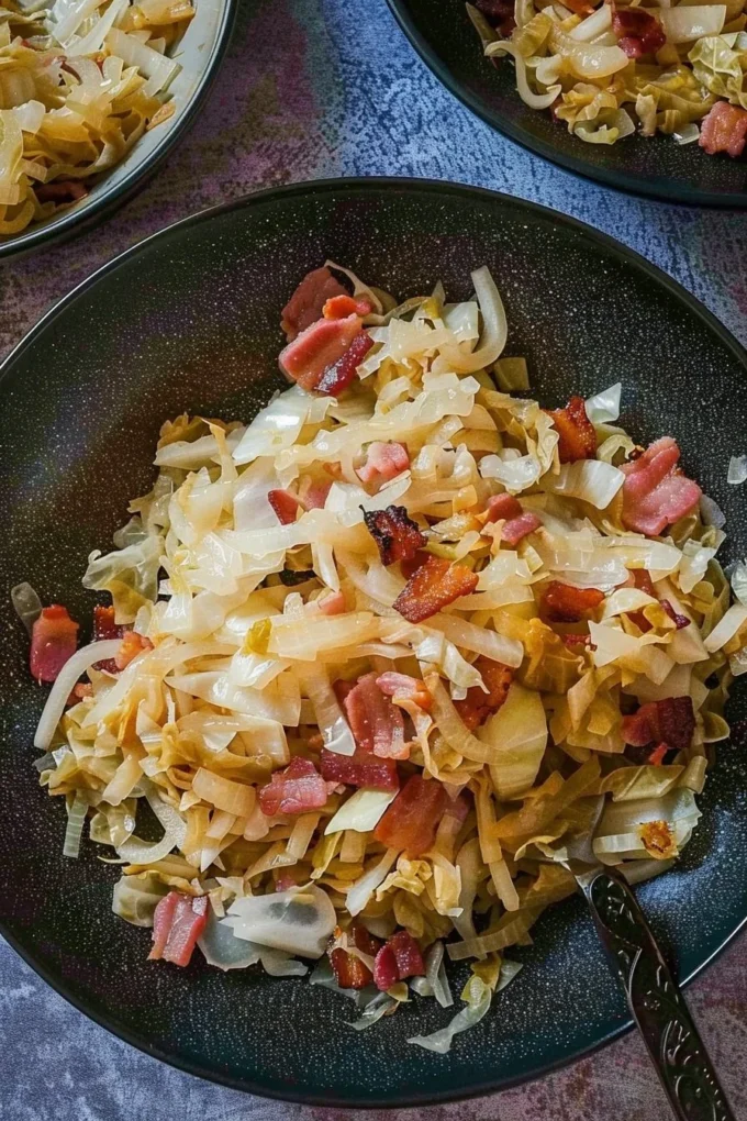 Plate of sauteed cabbage with onions and bacon cooked to perfection