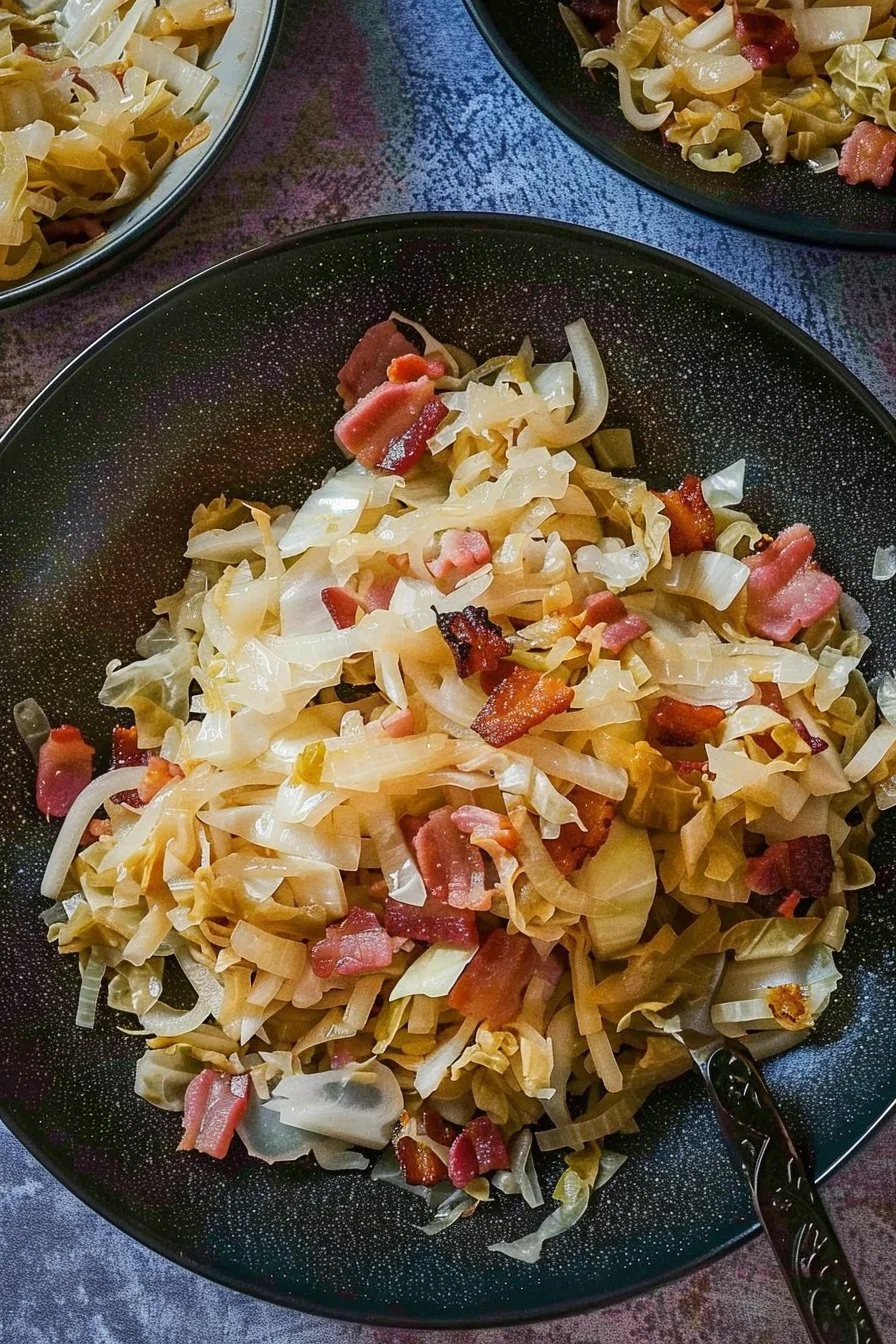 Plate of sauteed cabbage with onions and bacon cooked to perfection