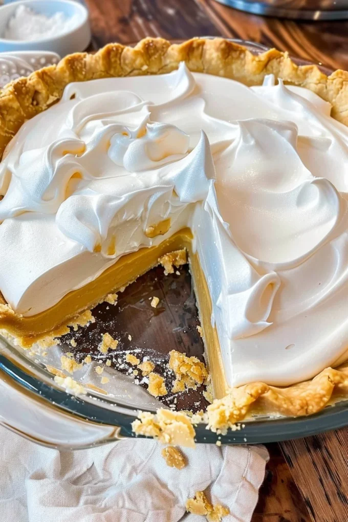 Homemade silky butterscotch pie sliced on a plate.