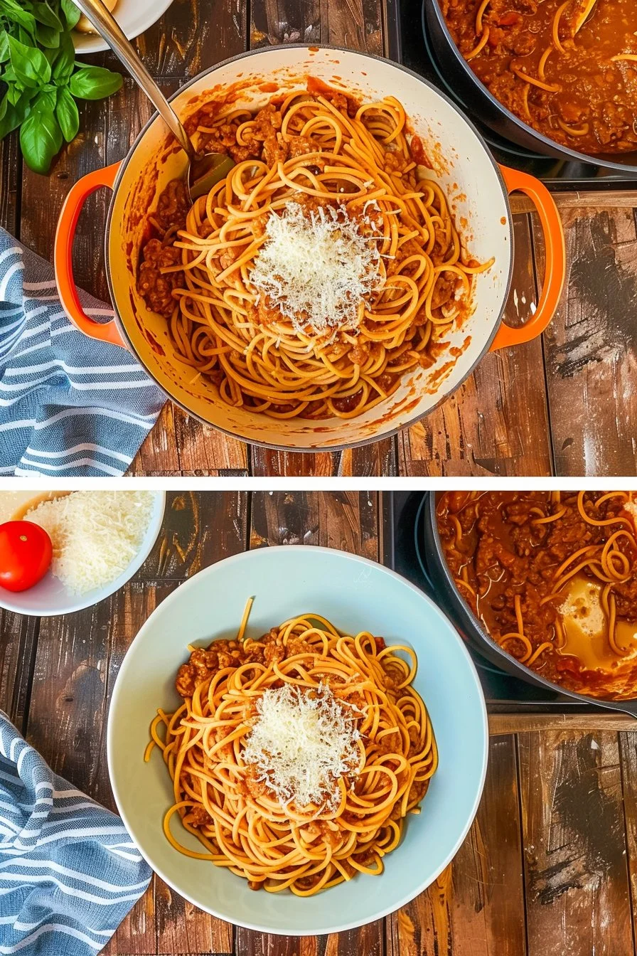 Slow-cooked spaghetti bolognese served in a bowl with herbs on top