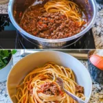Bowl of slow cooker crunchy spaghetti topped with fresh herbs and cheese