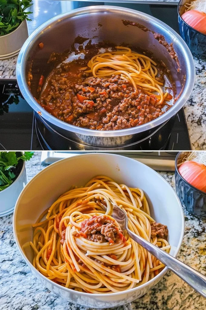 Bowl of slow cooker crunchy spaghetti topped with fresh herbs and cheese