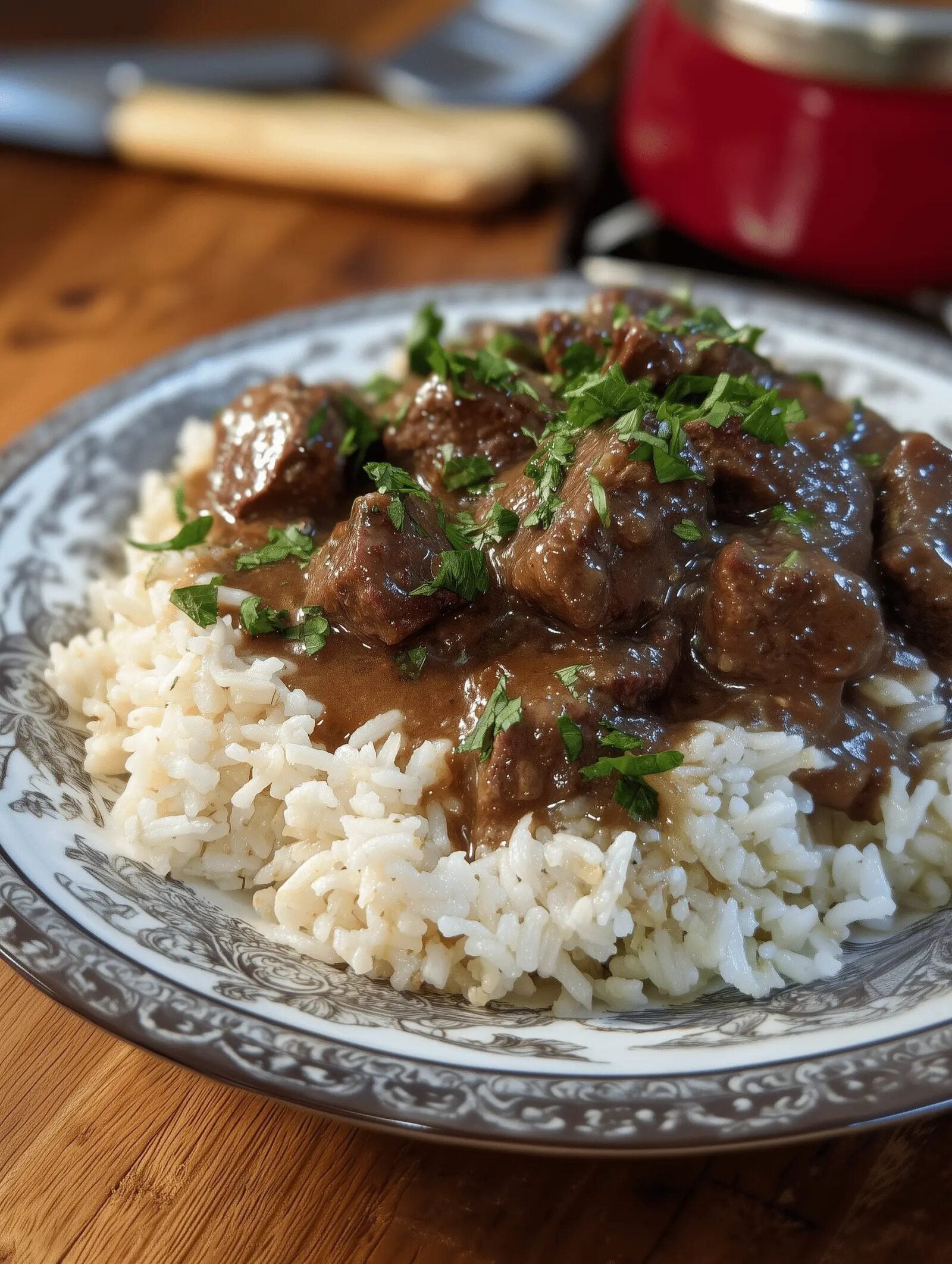 Savory Beef Tips with Rice in Brown Gravy