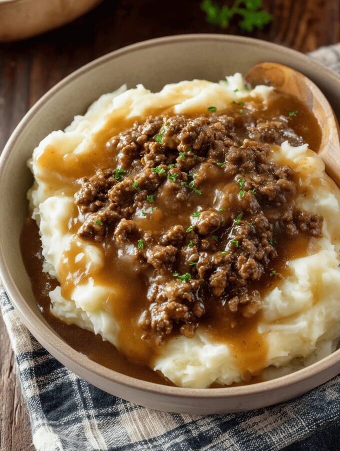 Ground Beef and Gravy Over Mashed Potatoes