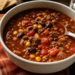 Bowl of delicious Beef Taco Soup topped with cheese and cilantro