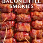 Delicious brown sugar bacon-wrapped smokies ready to be served as a tasty appetizer.