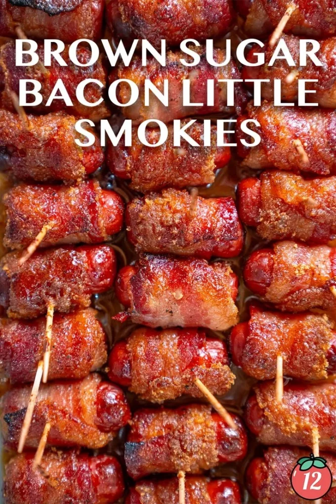 Delicious brown sugar bacon-wrapped smokies ready to be served as a tasty appetizer.