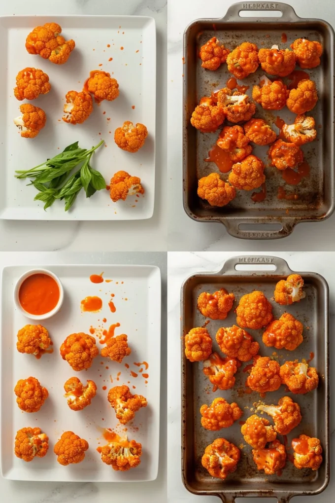 Buffalo-style cauliflower bites served with dipping sauce.