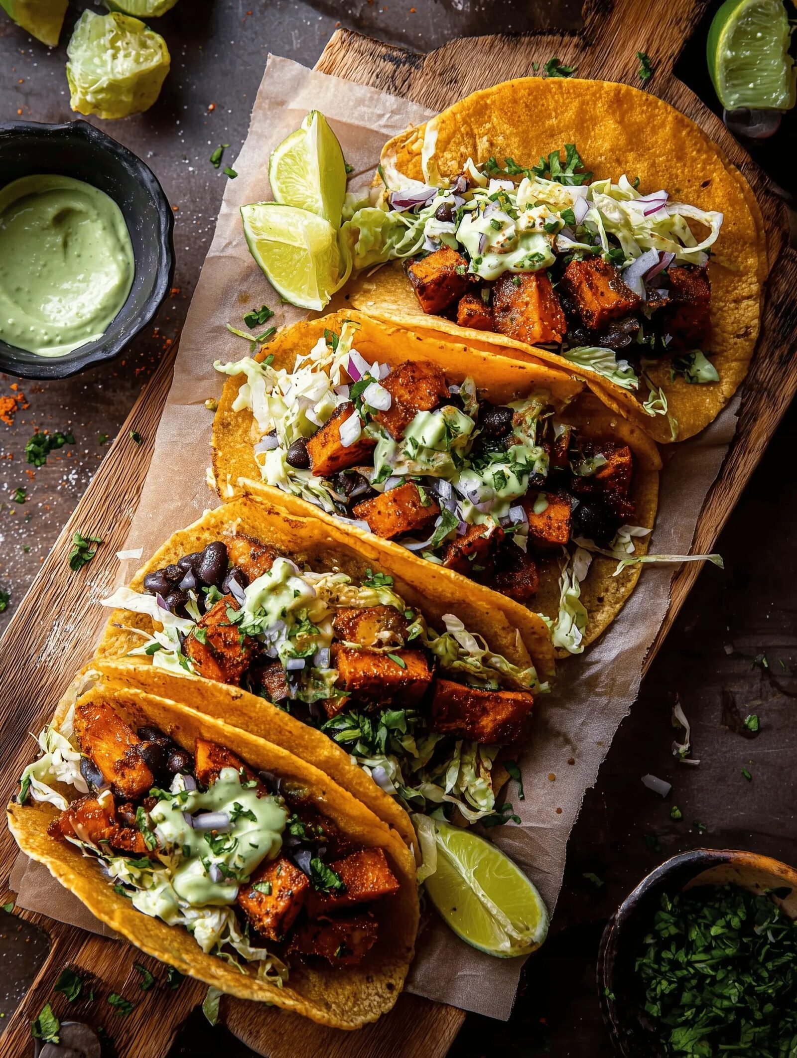 Crispy Sweet Potato Tacos with Velvety Avocado Crema