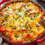 Cheesy pepper-stuffed casserole served in a baking dish with colorful peppers
