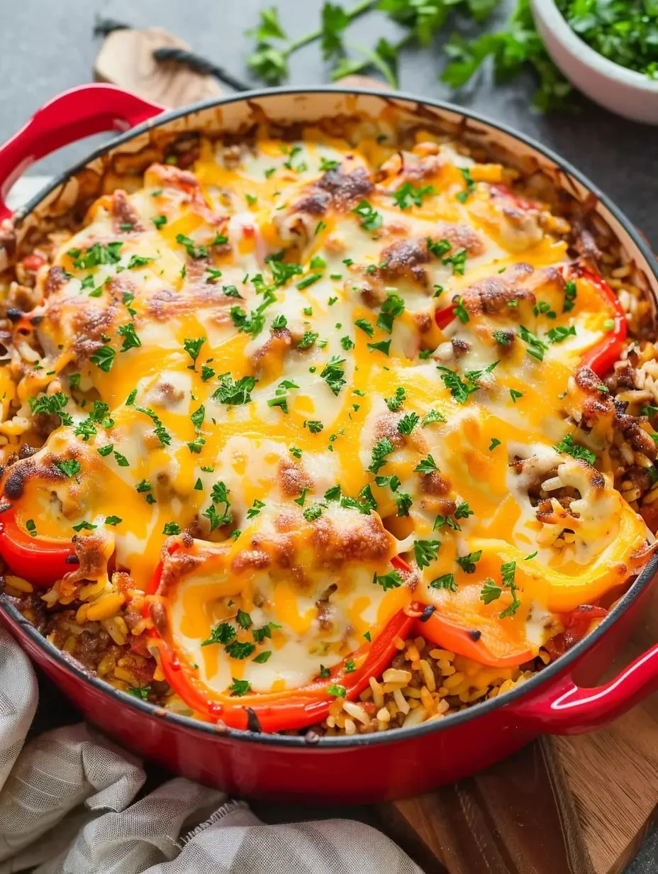 Cheesy pepper-stuffed casserole served in a baking dish with colorful peppers