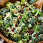 Fresh classic broccoli salad with nuts, cheese, and dressing in a bowl