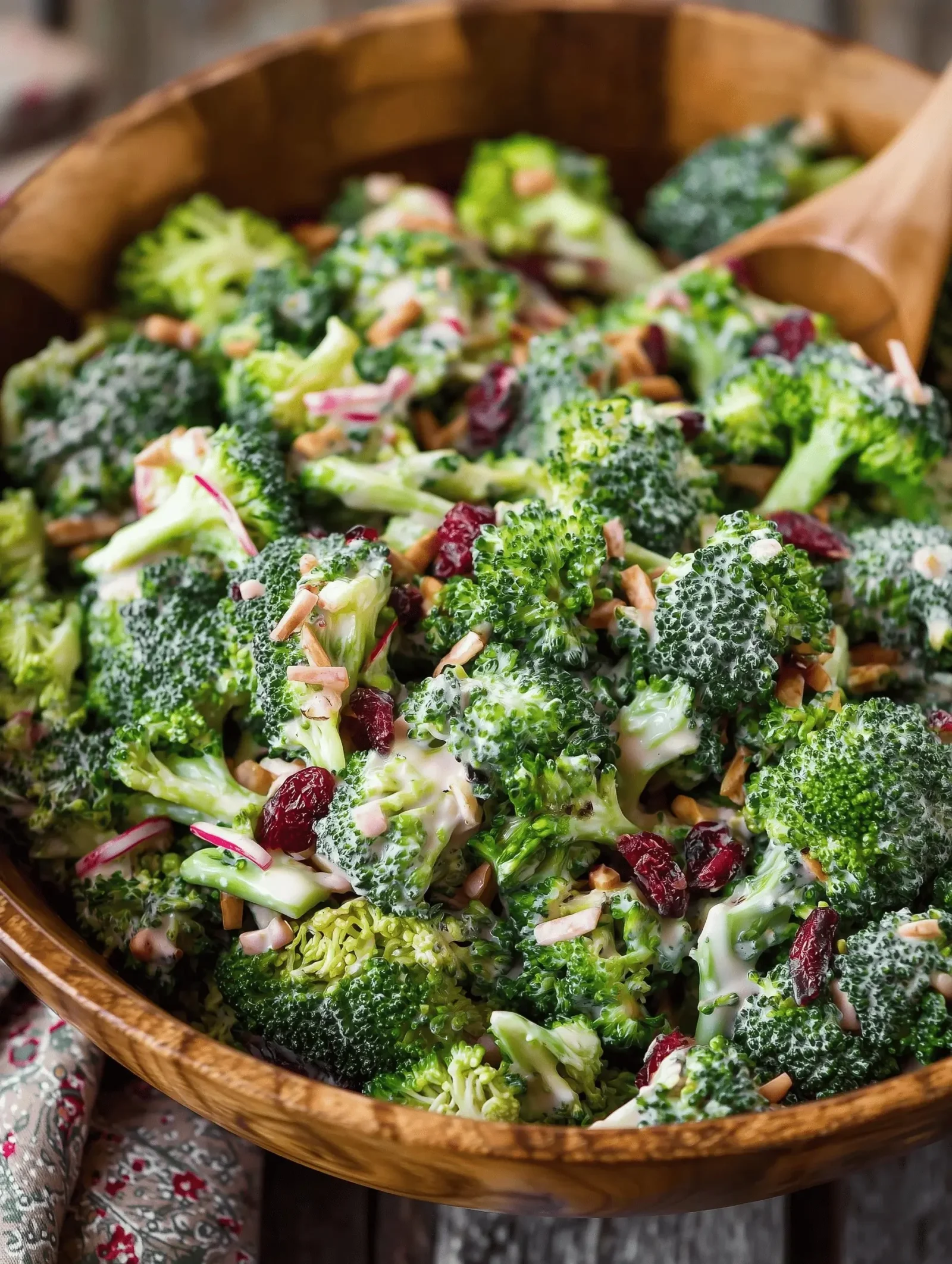Fresh classic broccoli salad with nuts, cheese, and dressing in a bowl