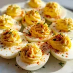 Plate of classic deviled eggs garnished with paprika and parsley