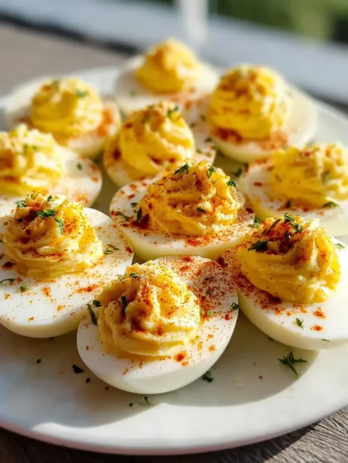 Plate of classic deviled eggs garnished with paprika and parsley