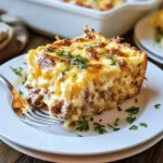 Delicious hashbrown casserole with cream cheese, sausage, and eggs baked to perfection.