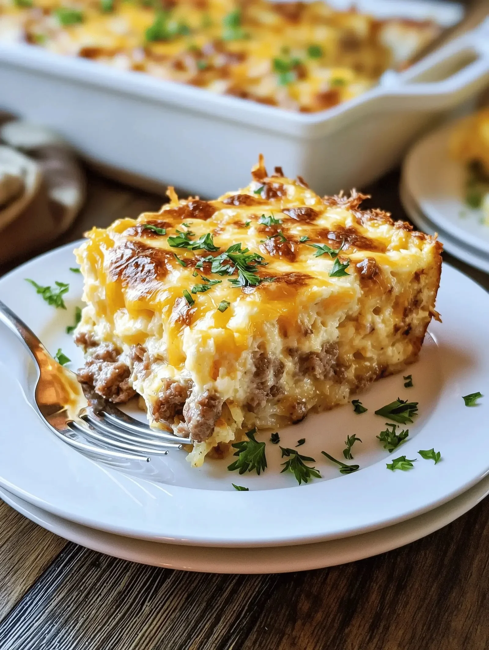 Delicious hashbrown casserole with cream cheese, sausage, and eggs baked to perfection.