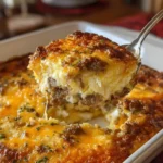Cream Cheese, Sausage, and Hash Brown Breakfast Casserole in a baking dish