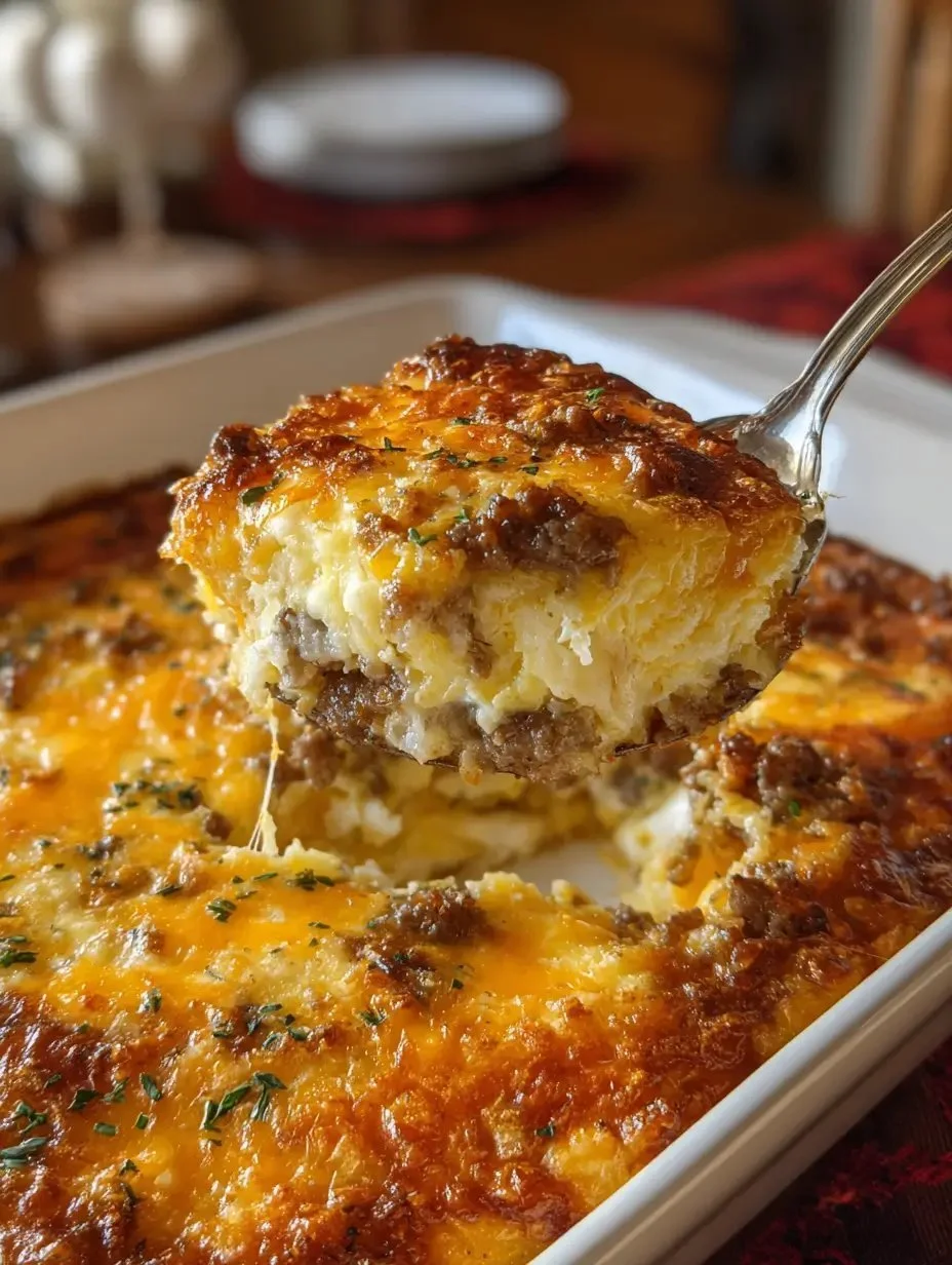 Cream Cheese, Sausage, and Hash Brown Breakfast Casserole in a baking dish