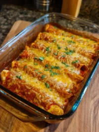 Creamy cottage cheese chicken enchiladas served on a plate with toppings.