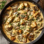 Creamy Mushroom Chicken Stroganoff served in a bowl with mushrooms and chicken