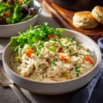 Creamy slow cooker chicken and rice dish garnished with herbs