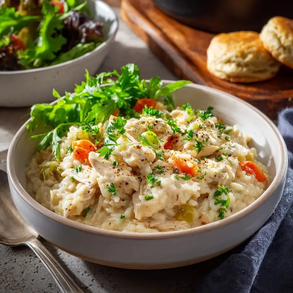 Creamy slow cooker chicken and rice dish in a bowl garnished with parsley