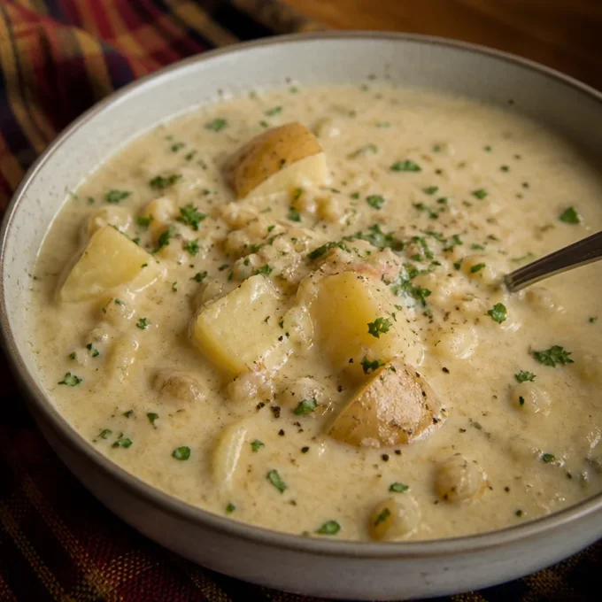 Bowl of creamy slow cooker potato soup topped with fresh herbs