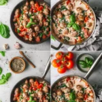 Creamy Tuscan sausage skillet with herbs served in a rustic dish