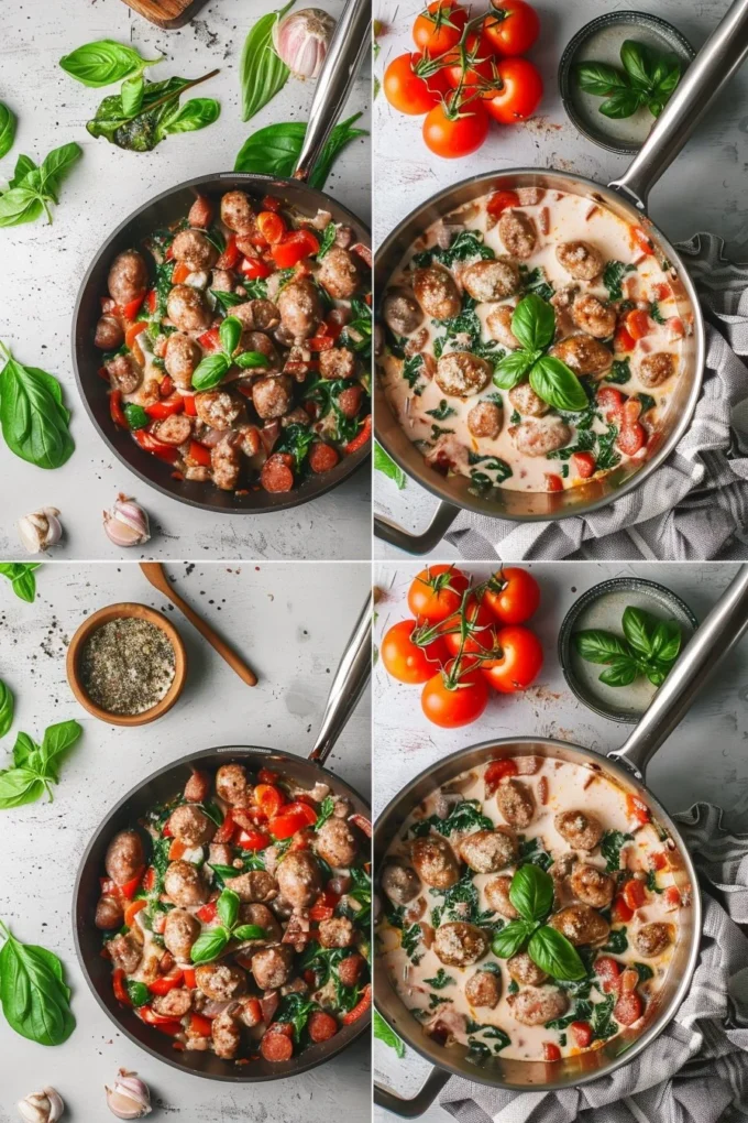 Creamy Tuscan sausage skillet with herbs served in a rustic dish