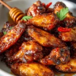 Crispy honey-glazed chicken wings garnished and ready to serve.