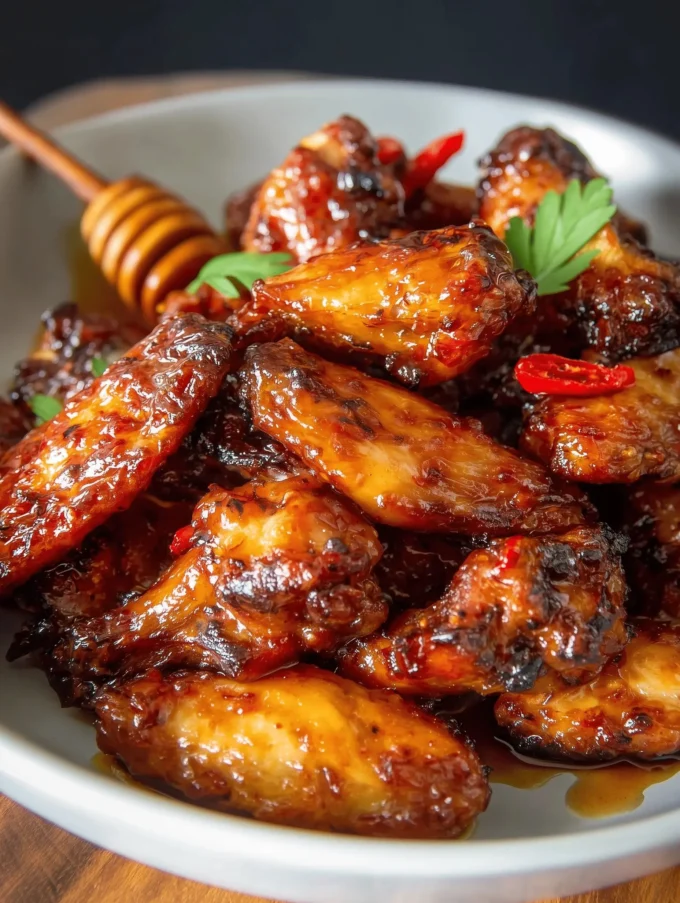 Crispy honey-glazed chicken wings garnished and ready to serve.