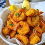Plate of crispy Southern fried shrimp served with dipping sauce