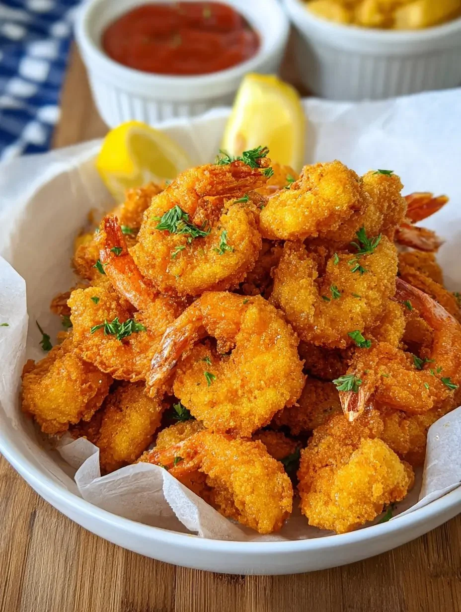 Plate of crispy Southern fried shrimp served with dipping sauce