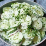 Cucumber salad with creamy dressing served in a bowl, garnished with herbs.